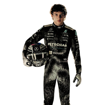 Kimi wearing a 2026 Japanese GP Mercedes F1 racing suit with various sponsor logos - Kartx Gear