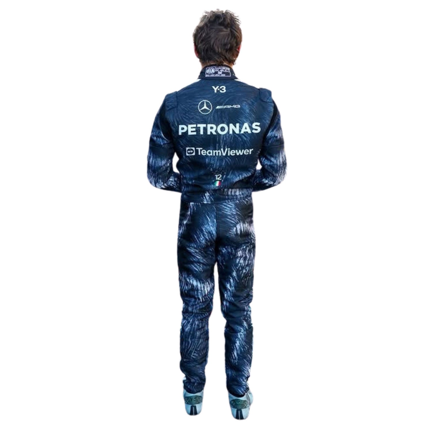 Andrea Kimi Antonelli wearing a black Japanese GP 2026 Mercedes F1 racing suit with various sponsor logos - Kartx Gear