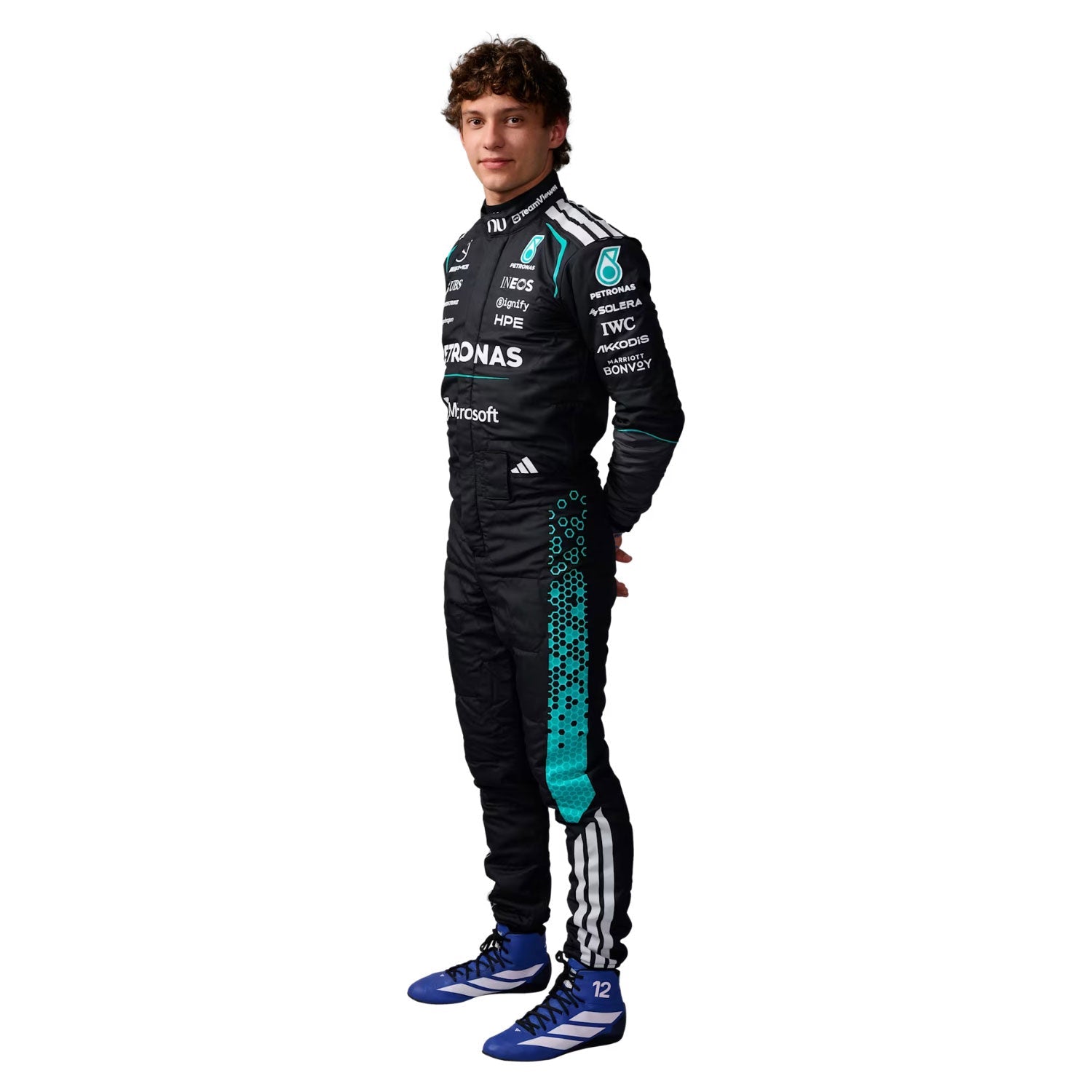 Andrea Kimi Antonelli wearing a black F1 2026 Mercedes racing suit with blue accents - Kartx Gear