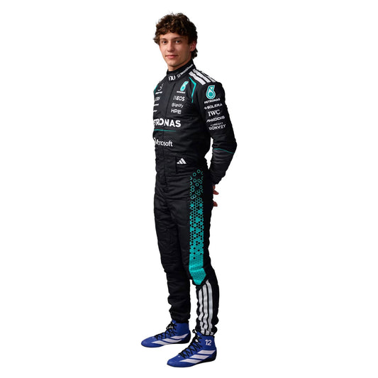 Andrea Kimi Antonelli wearing a black F1 2026 Mercedes racing suit with blue accents - Kartx Gear