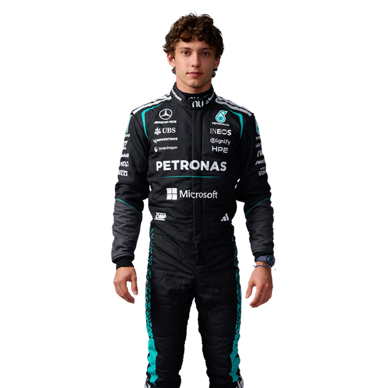 Andrea Kimi Antonelli wearing a black 2026 Mercedes F1 racing suit with various sponsor logos - Kartx Gear