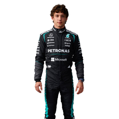 Andrea Kimi Antonelli wearing a black 2026 Mercedes F1 racing suit with various sponsor logos - Kartx Gear