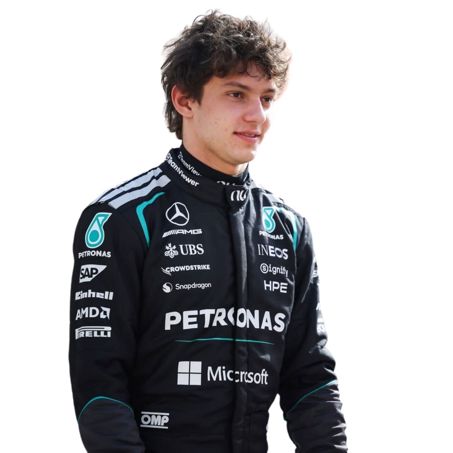Andrea Kimi Antonelli wearing a black 2026 Mercedes F1 racing suit with various sponsor logos - Kartx Gear