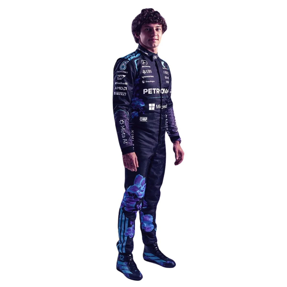Andrea Kimi Antonelli wearing a purple Mercedes 2026 Singapore GP F1 racing suit with various sponsor logos - Kartx Gear