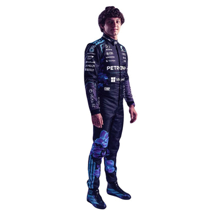 Andrea Kimi Antonelli wearing a purple Mercedes 2026 Singapore GP F1 racing suit with various sponsor logos - Kartx Gear