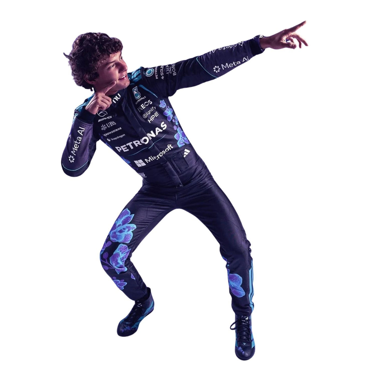 Andrea Kimi Antonelli wearing a purple Mercedes 2026 Singapore GP F1 racing suit with various sponsor logos - Kartx Gear
