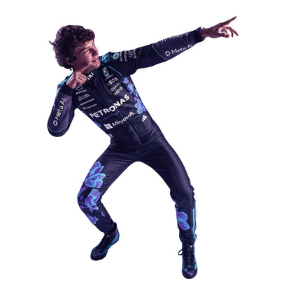 Andrea Kimi Antonelli wearing a purple Mercedes 2026 Singapore GP F1 racing suit with various sponsor logos - Kartx Gear