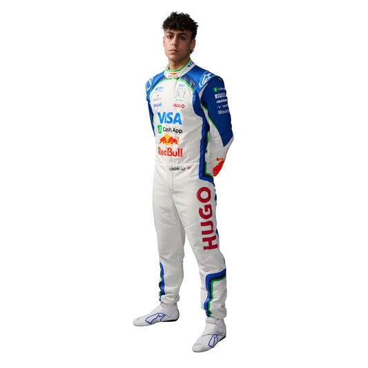 Arvid Lindblad wearing a 2026 VCARB F1 racing suit with various sponsor logos - Kartx Gear