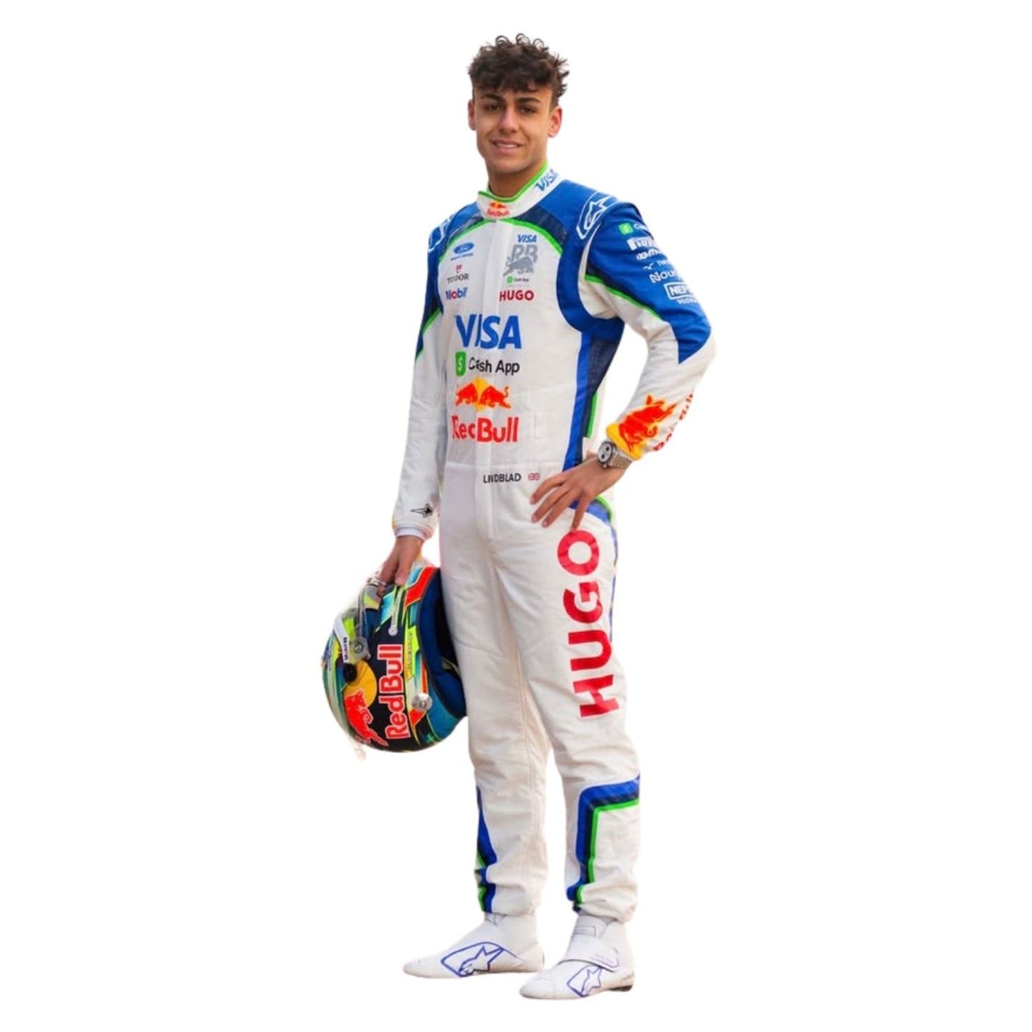 Arvid Lindblad in a 2026 VCARB
racing suit holding a helmet - Kartx Gear