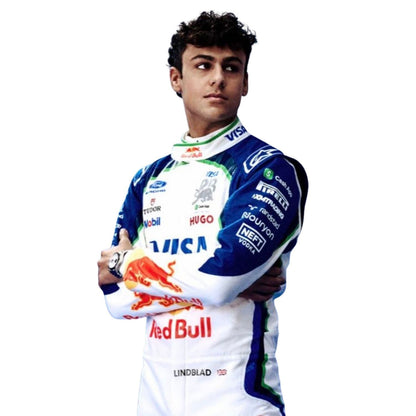2026 Arvid Lindblad wearing a VCARB F1 racing suit with various sponsor logos - Kartx Gear