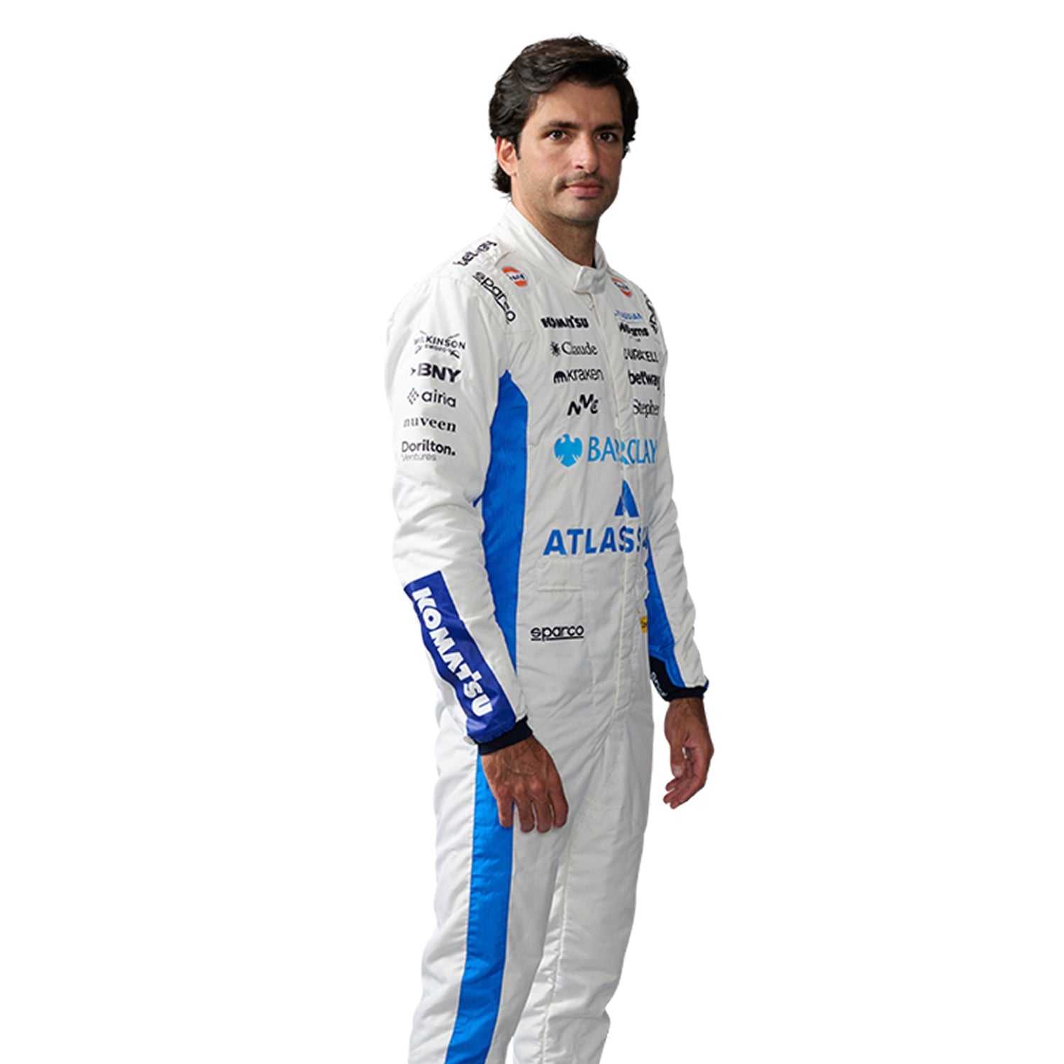 Carlos Sainz wearing a 2026 Williams F1 white racing suit with blue accents - Kartx Gear