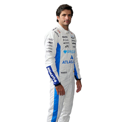 Carlos Sainz wearing a 2026 Williams F1 white racing suit with blue accents - Kartx Gear