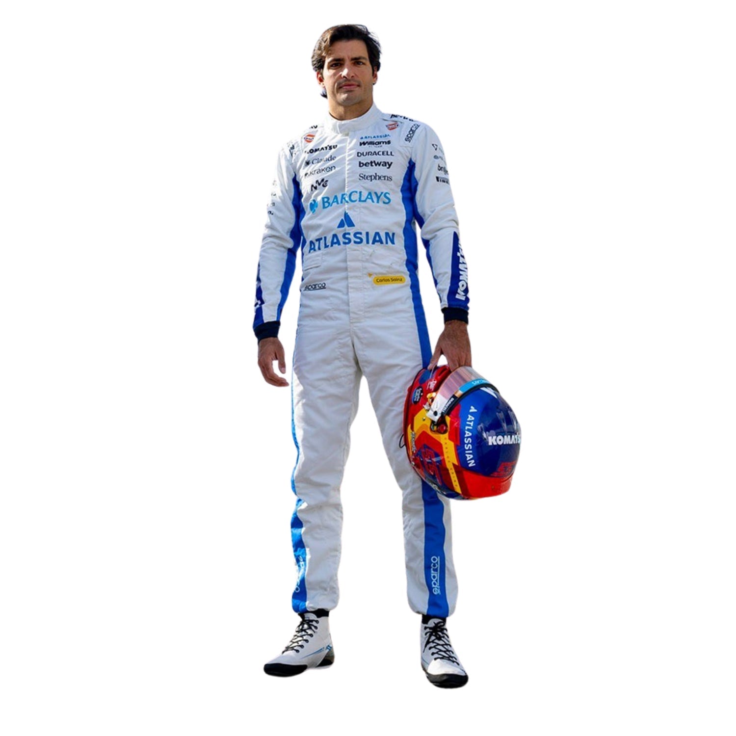 Carlos Sainz wearing a 2026 Williams F1 white racing suit with blue accents and a colorful helmet - Kartx Gear