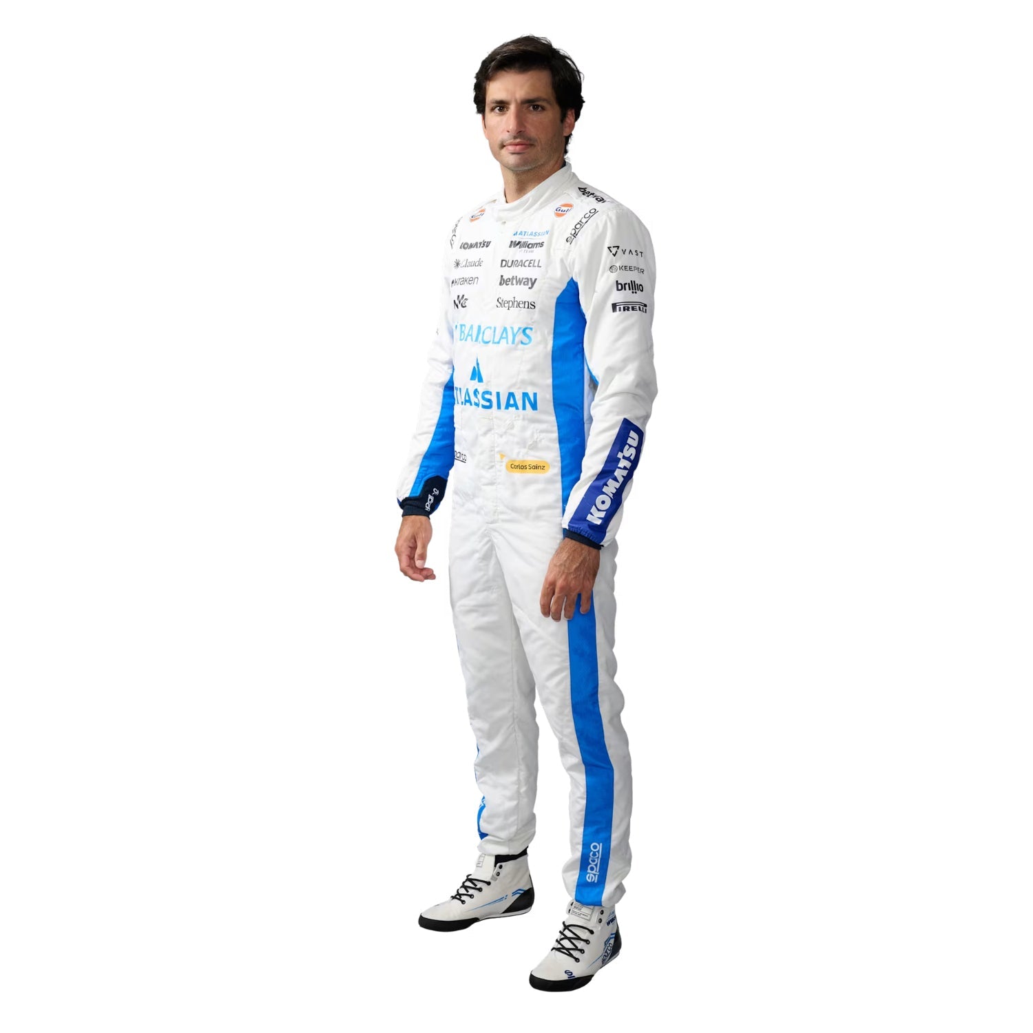 In 2026, Carlos Sainz is wearing a Williams white F1 racing suit with blue accents - Kartx Gear