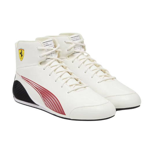 White Charles Leclerc 2026 Monaco GP high-top sneakers with red accents and a Ferrari logo - Kartx Gear