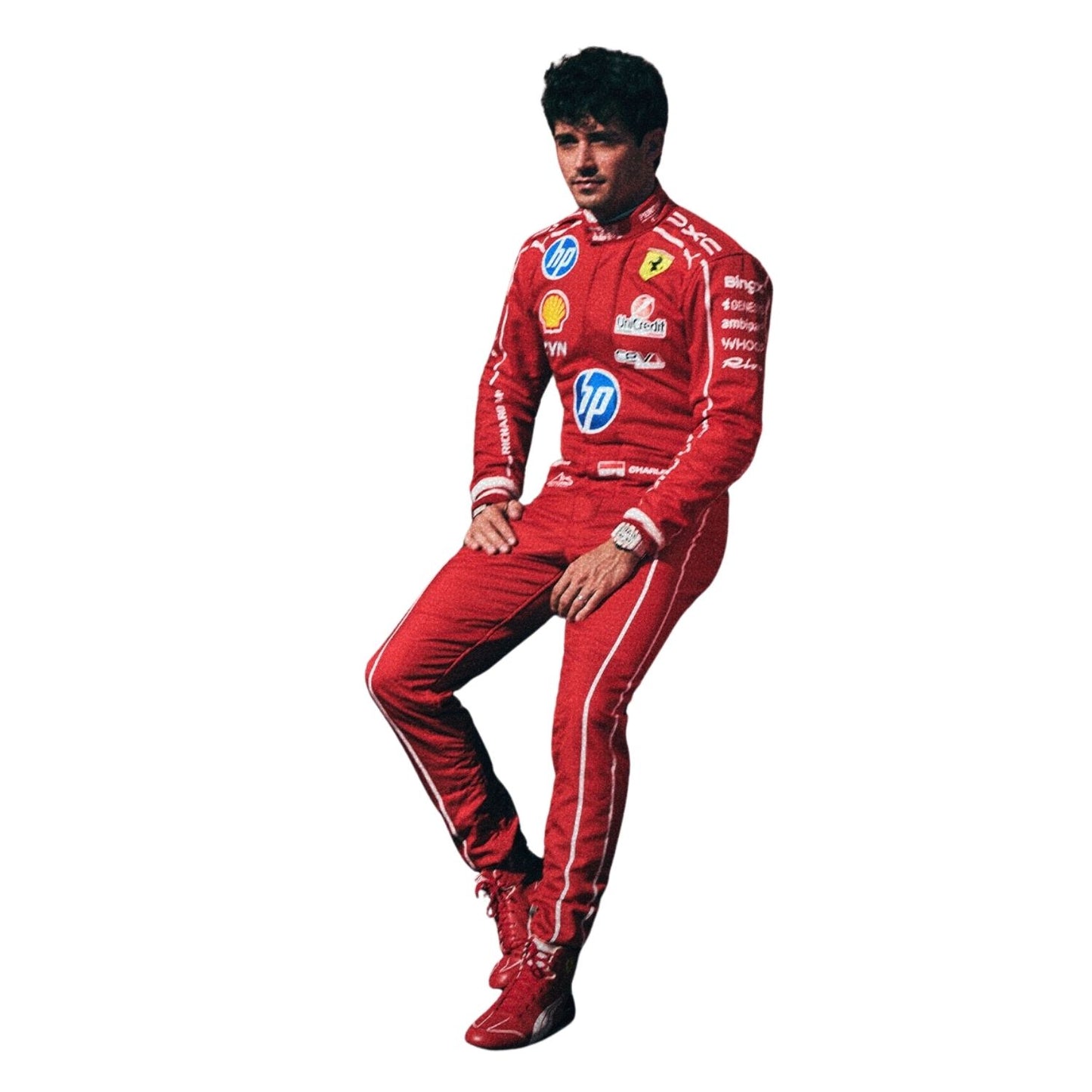 A Charles Leclerc wearing a red Ferrari racing suit with sponsor logos, posed against a solid white background.