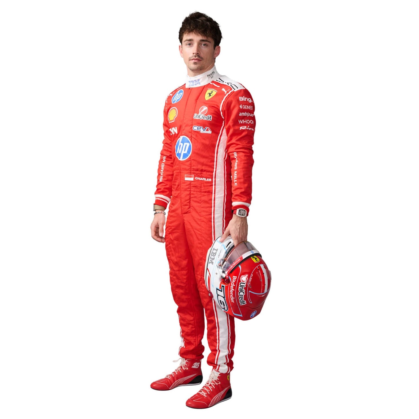 Charles Leclerc wearing a red 2026 Ferrari F1 racing suit with various sponsor logos, holding a helmet - Kartx Gear