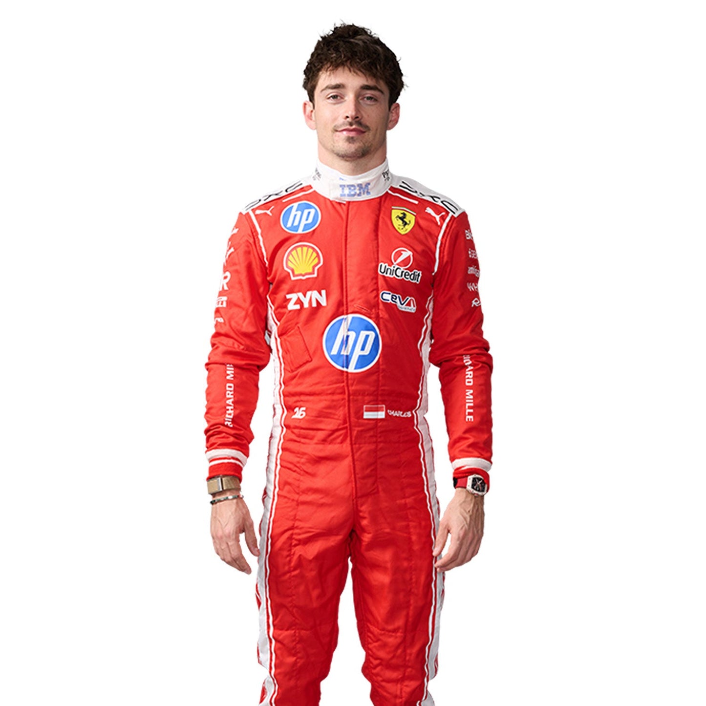 Charles Leclerc wearing a red 2026 F1 Ferrari racing suit with various sponsor logos - Kartx Gear