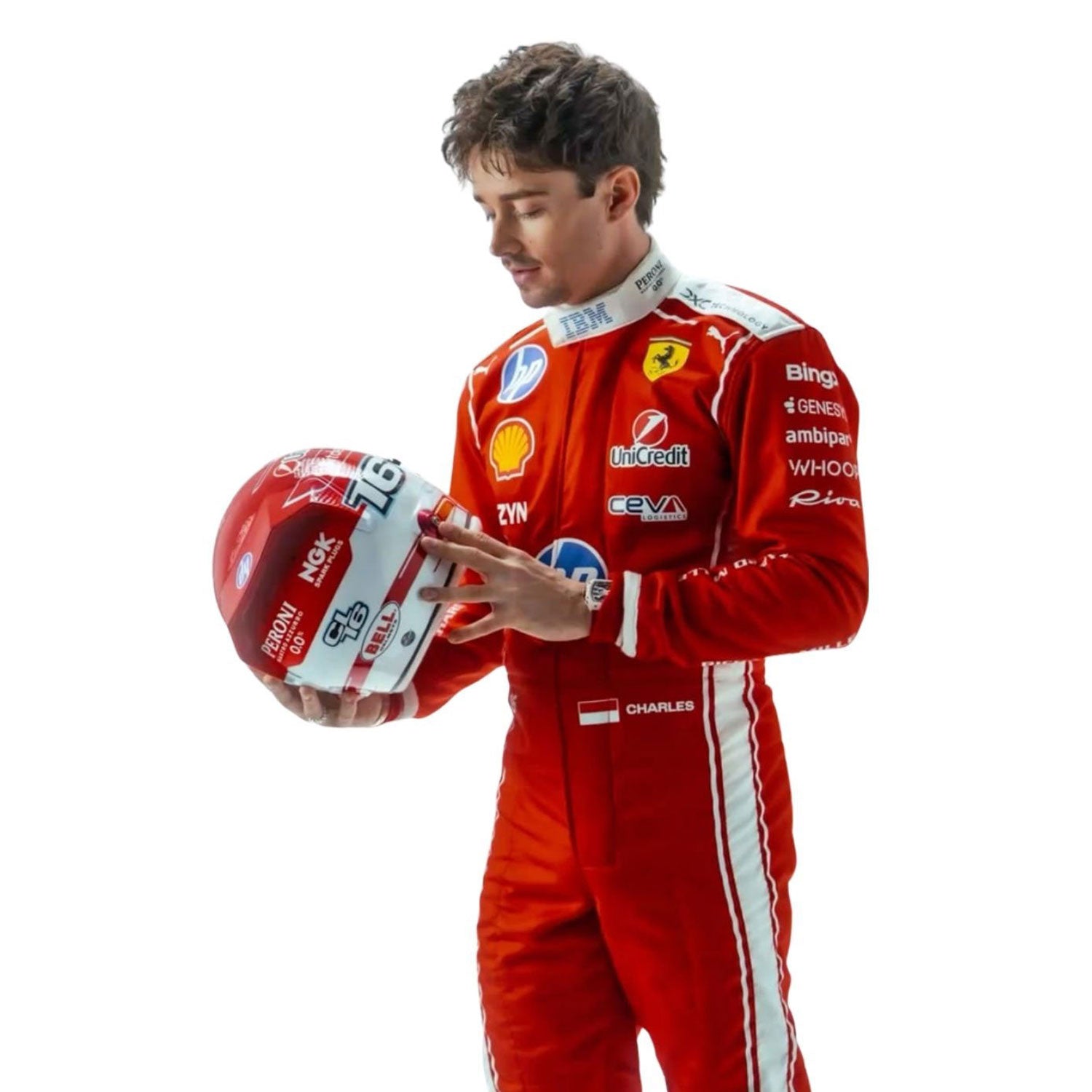 Charles Leclerc in a Ferrari F1 2026 red racing suit holding a helmet with various logos - Kartx Gear