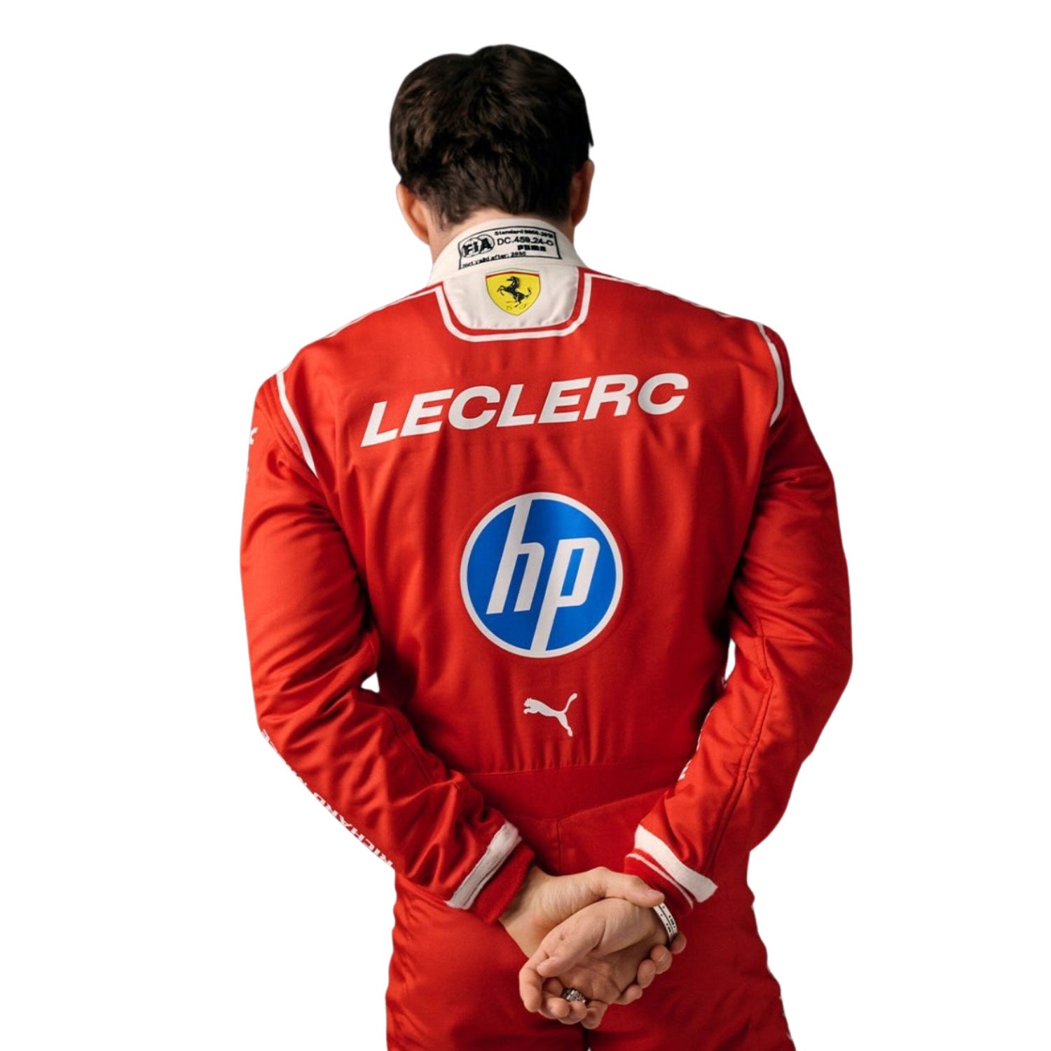 Charles Leclerc wearing a Ferrari F1 2026 red racing suit with 'LECLERC' and 'hp' logos - Kartx Gear