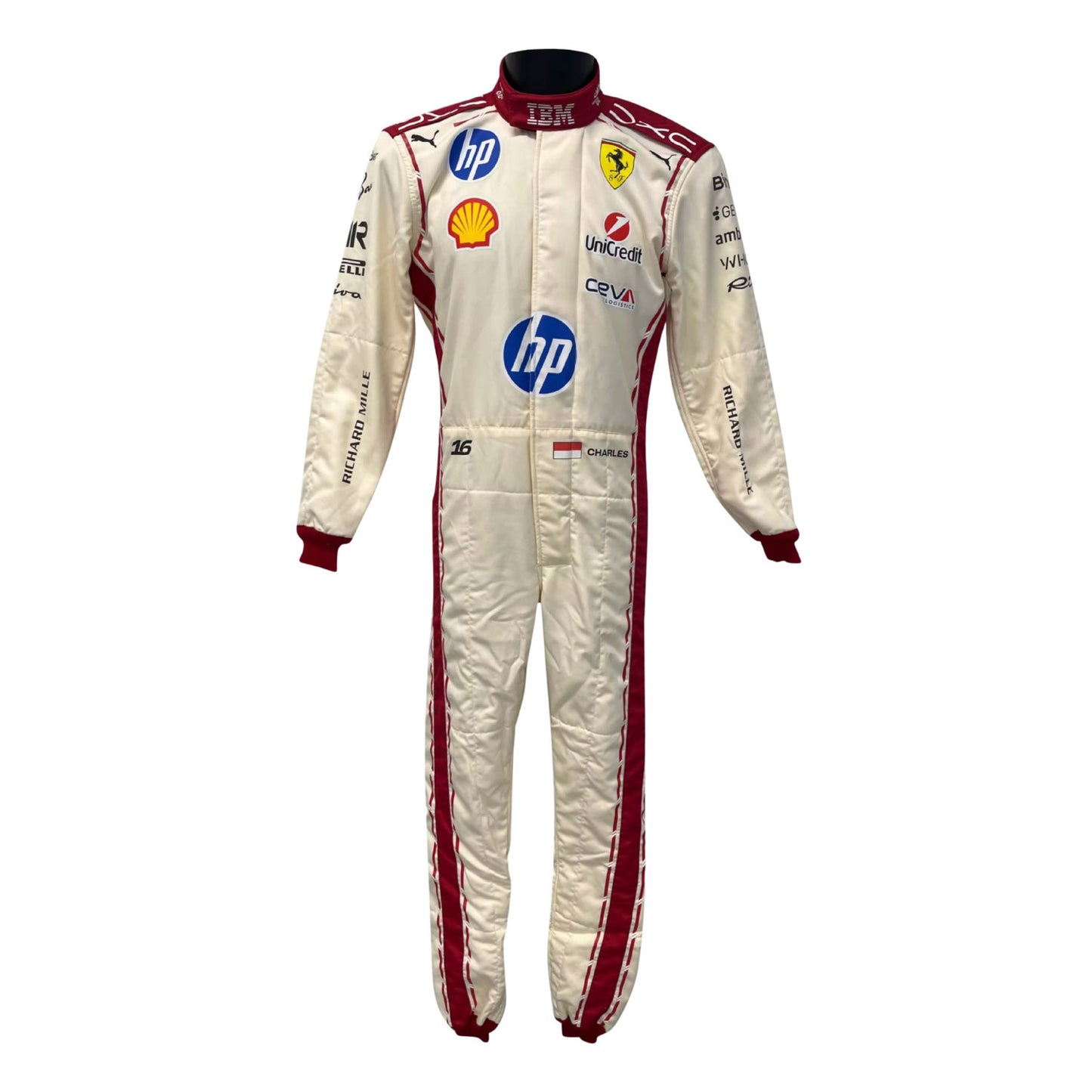 White Charles Leclerc 2026 Monaco GP F1 racing suit with various sponsor logos - Kartx Gear
