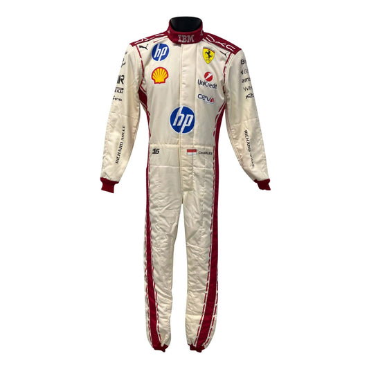 White Charles Leclerc 2026 Monaco GP F1 racing suit with various sponsor logos - Kartx Gear