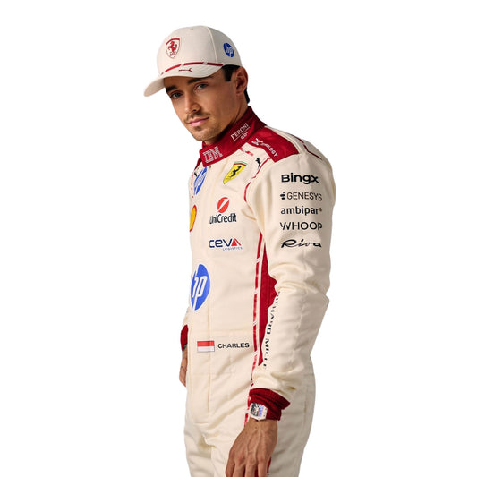 Charles Leclerc wearing a 2026 Monaco GP F1 racing suit with various sponsor logos - Kartx Gear 