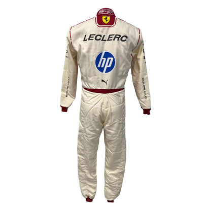 White Charles Leclerc 2026 Monaco GP Ferrari F1 racing suit with 'Leclerc' and 'HP' branding - Kartx Gear