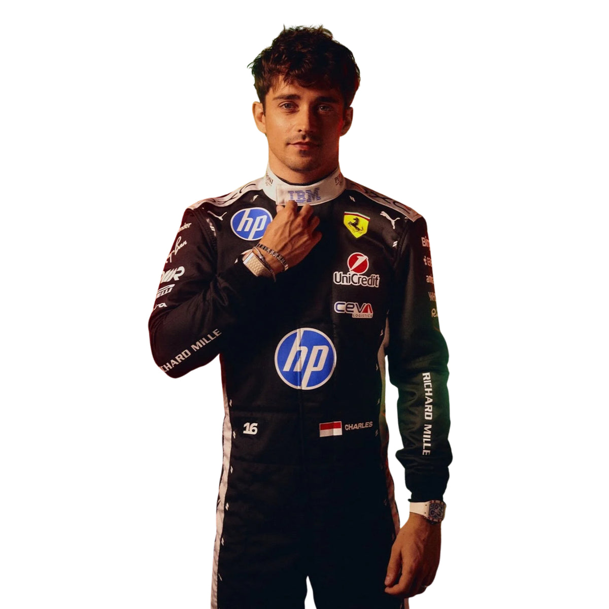 A Charles Leclerc wearing a Black Ferrari racing suit with sponsor logos, posed against a solid white background.