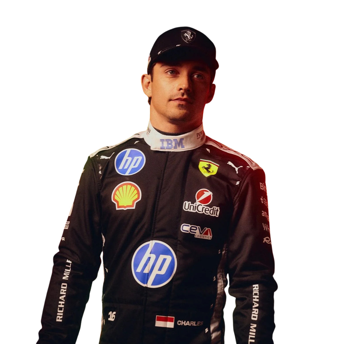 A Charles Leclerc wearing a Black Ferrari racing suit with sponsor logos, posed against a solid white background.