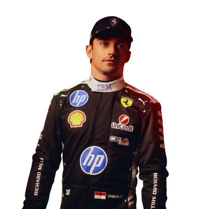 A Charles Leclerc wearing a Black Ferrari racing suit with sponsor logos, posed against a solid white background.