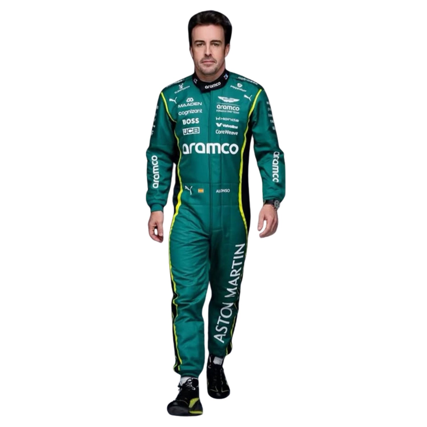 Fernando Alonso wearing an Aston Martin 2026 F1 green racing suit with various sponsor logos - Kartx Gear