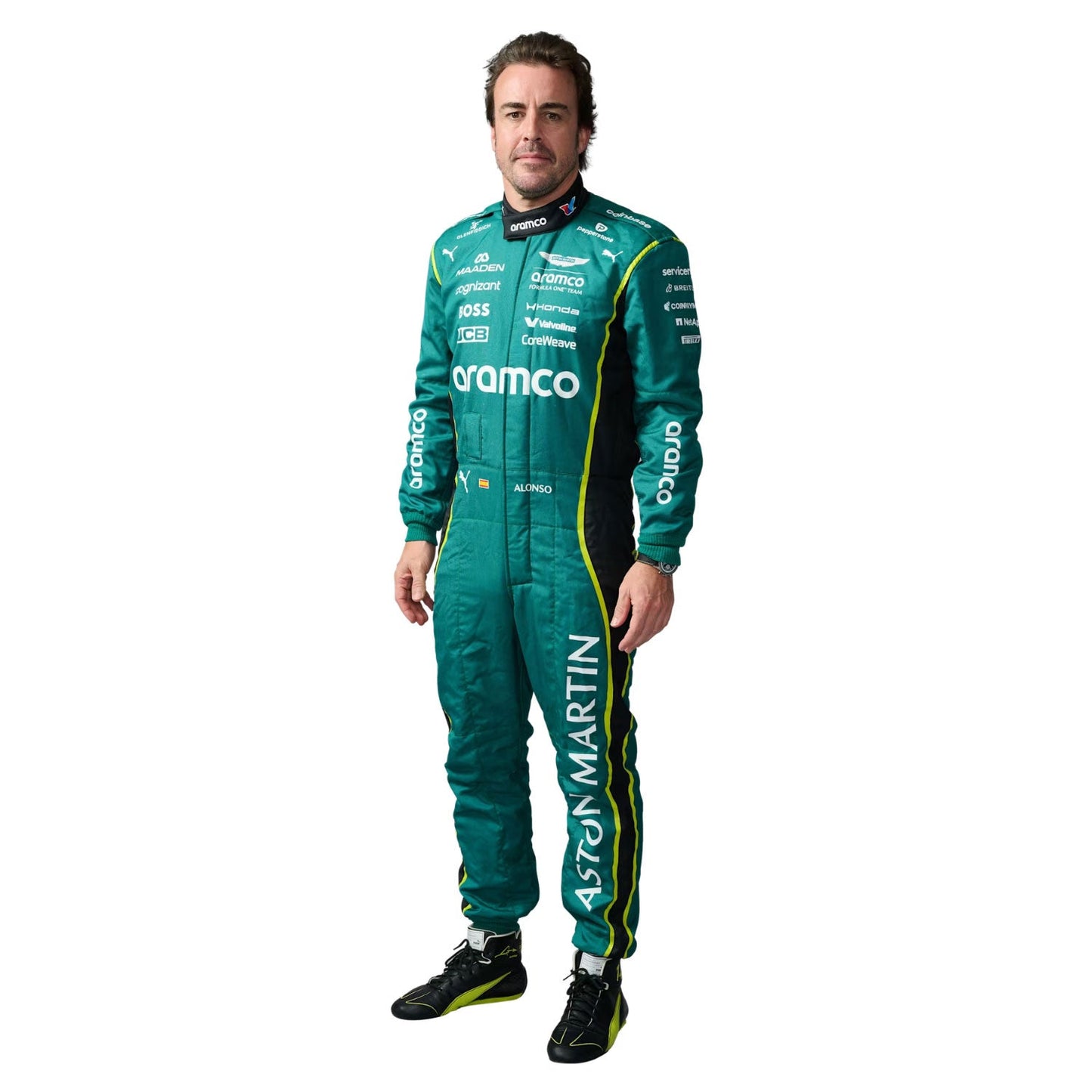 Fernando wearing a 2026 F1 green racing suit with 'Aston Martin' and 'Ceramco' logos - Kartx Gear