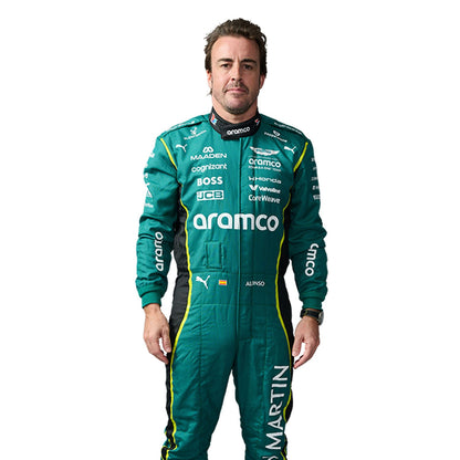 Fernando Alonso wearing an Aston Martin 2026 green F1 racing suit with various sponsor logos - Kartx Gear