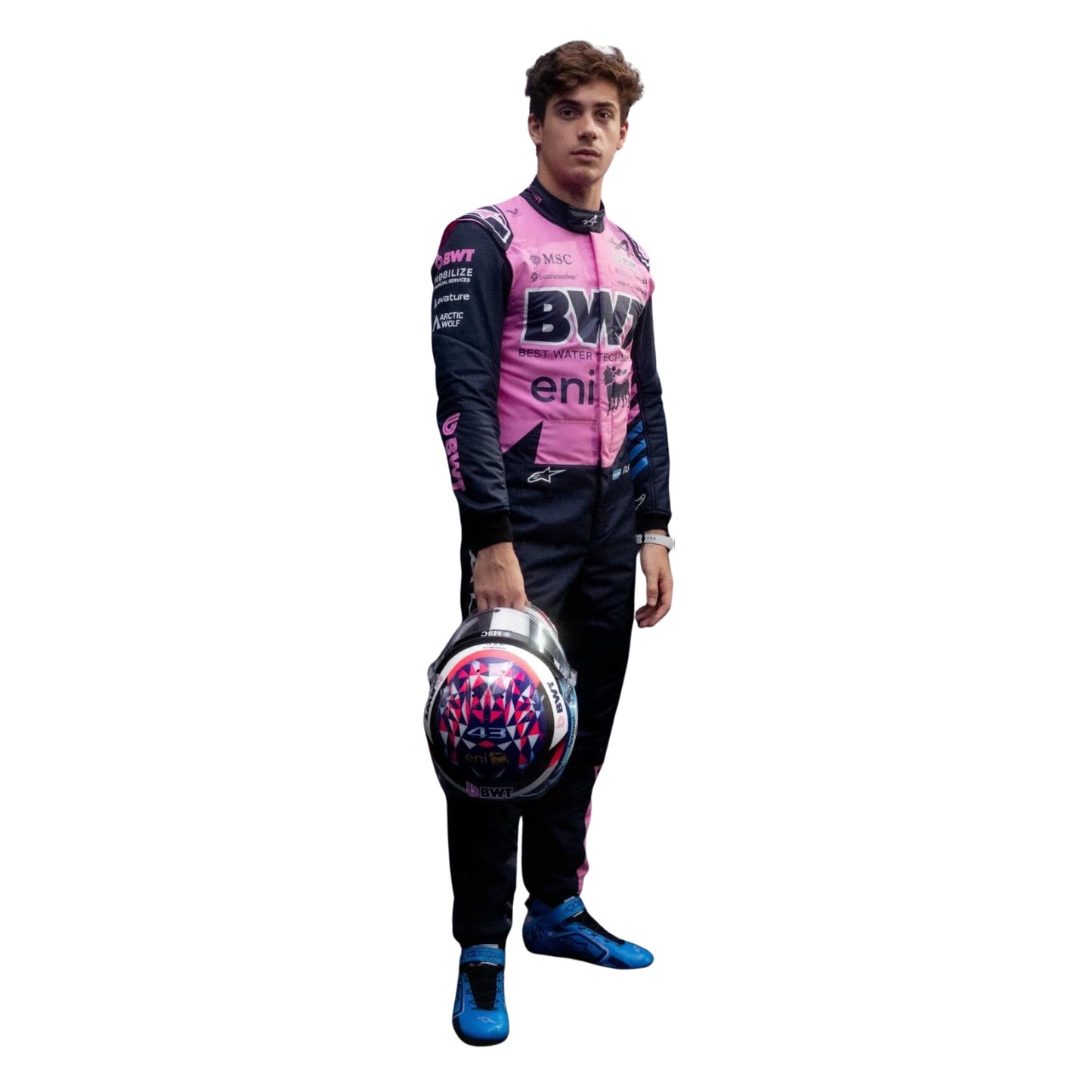Franco Colapinto wearing a pink and black 2026 Alpine F1 racing suit, holding a helmet on a white background - Kartx Gear