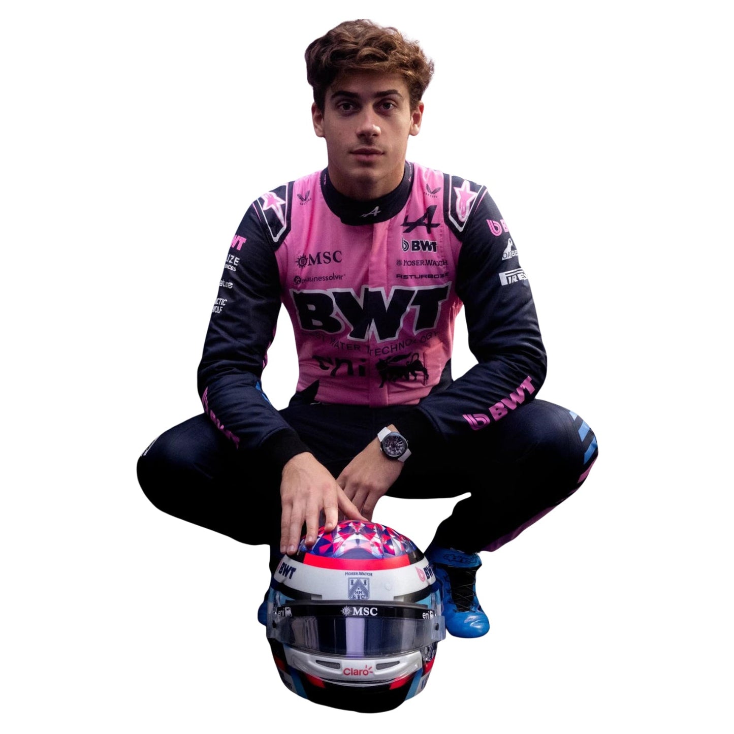 Franco Colapinto wearing a pink and black Alpine 2026 F1 racing suit with a helmet on a white background - Kartx Gear