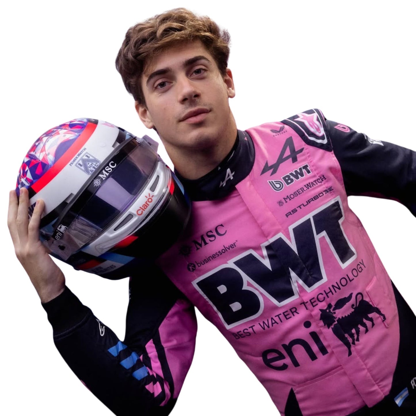 Franco Colapinto, wearing a 2026 F1 Alpine pink racing suit with various sponsor logos, holding a helmet - Kartx Gear