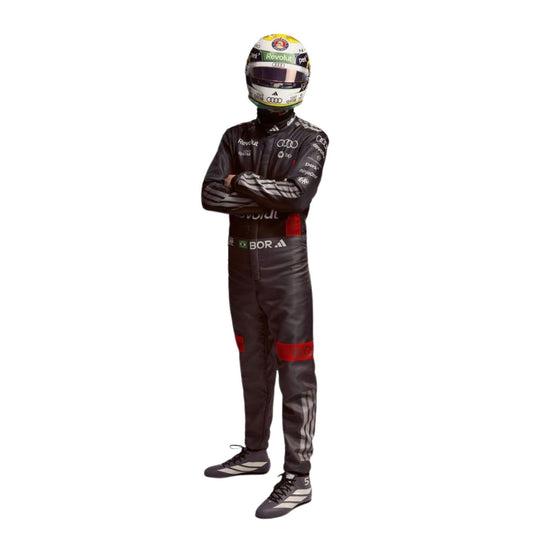Gabriel Bortoleto wearing an Audi 2026 F1 racing suit and helmet - Kartx Gear