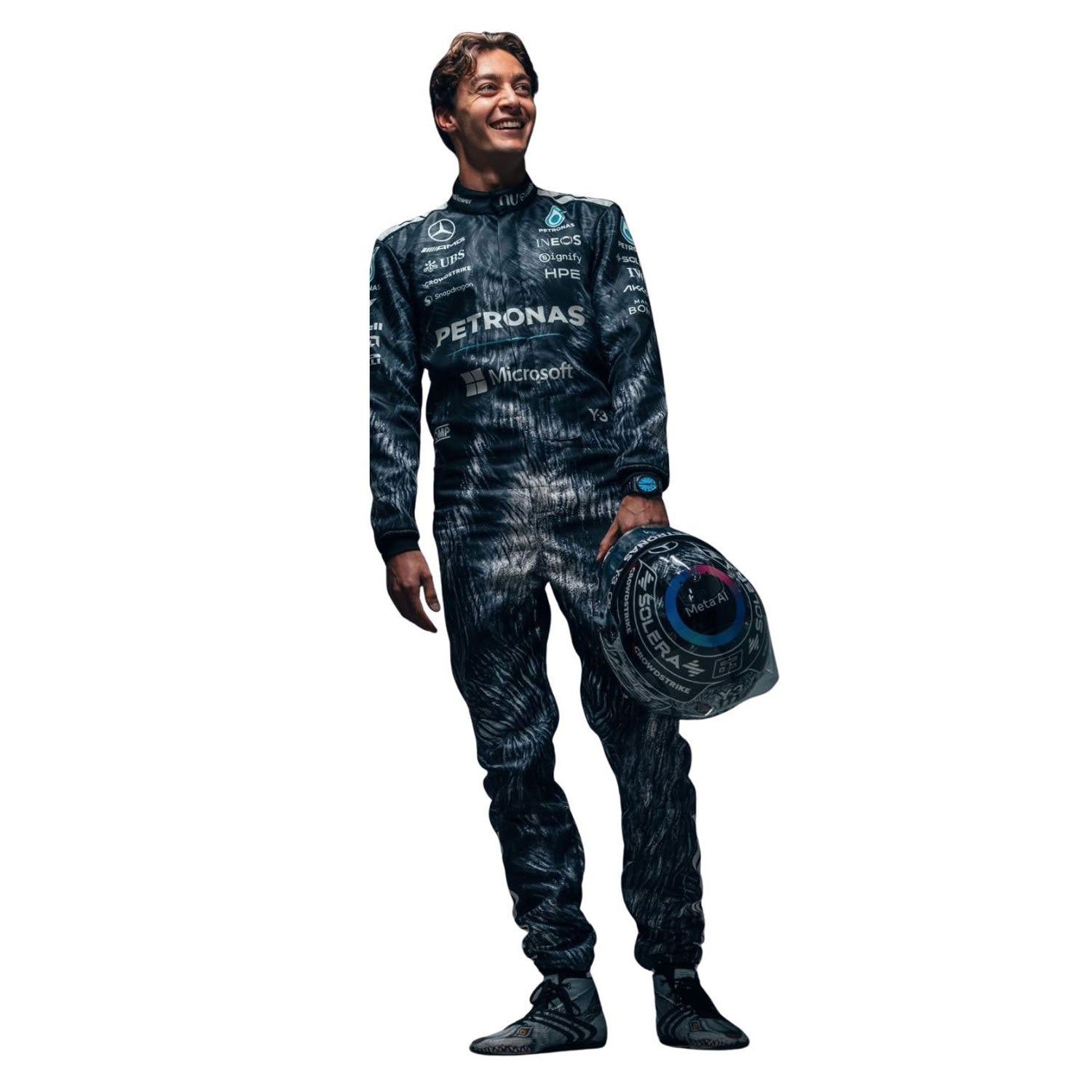 George Russell wearing a 2026 Japanese GP Mercedes Formula 1 racing suit with visible branding - Kartx Gear