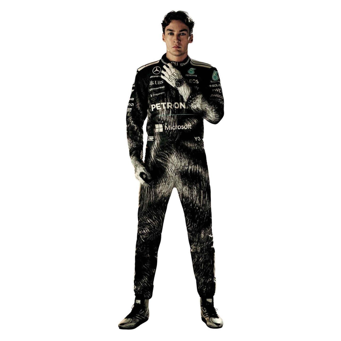 George Russell wearing a black Japanese GP 2026 Mercedes F1 racing suit with sponsor logos - Kartx Gear