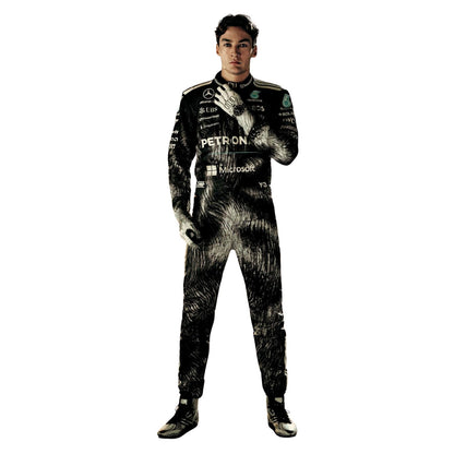 George Russell wearing a black Japanese GP 2026 Mercedes F1 racing suit with sponsor logos - Kartx Gear