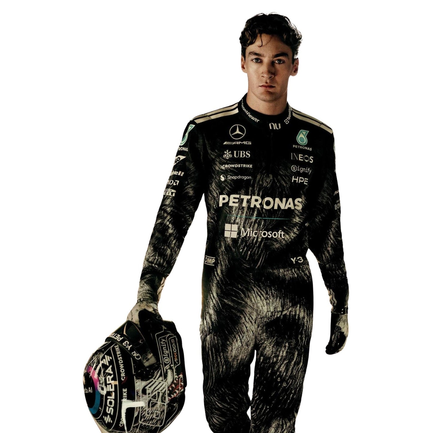 George Russell, wearing a black Japanese GP 2026 Mercedes F1 racing suit with various sponsor logos, holding a helmet - Kartx Gear