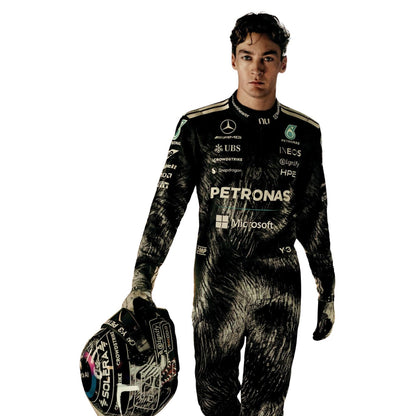 George Russell, wearing a black Japanese GP 2026 Mercedes F1 racing suit with various sponsor logos, holding a helmet - Kartx Gear