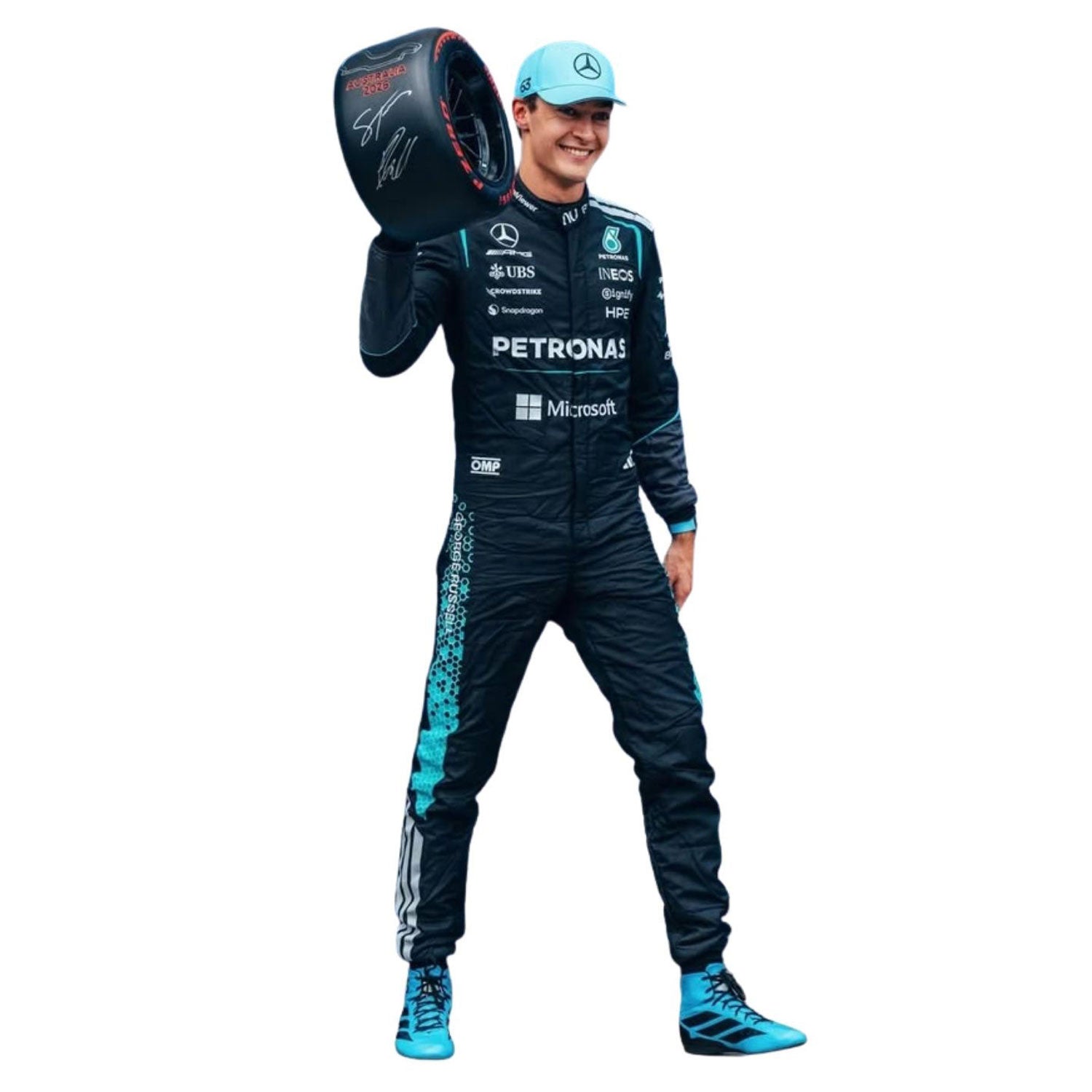 George Russell wearing a 2026 F1 Mercedes racing suit with visible branding - Kartx Gear