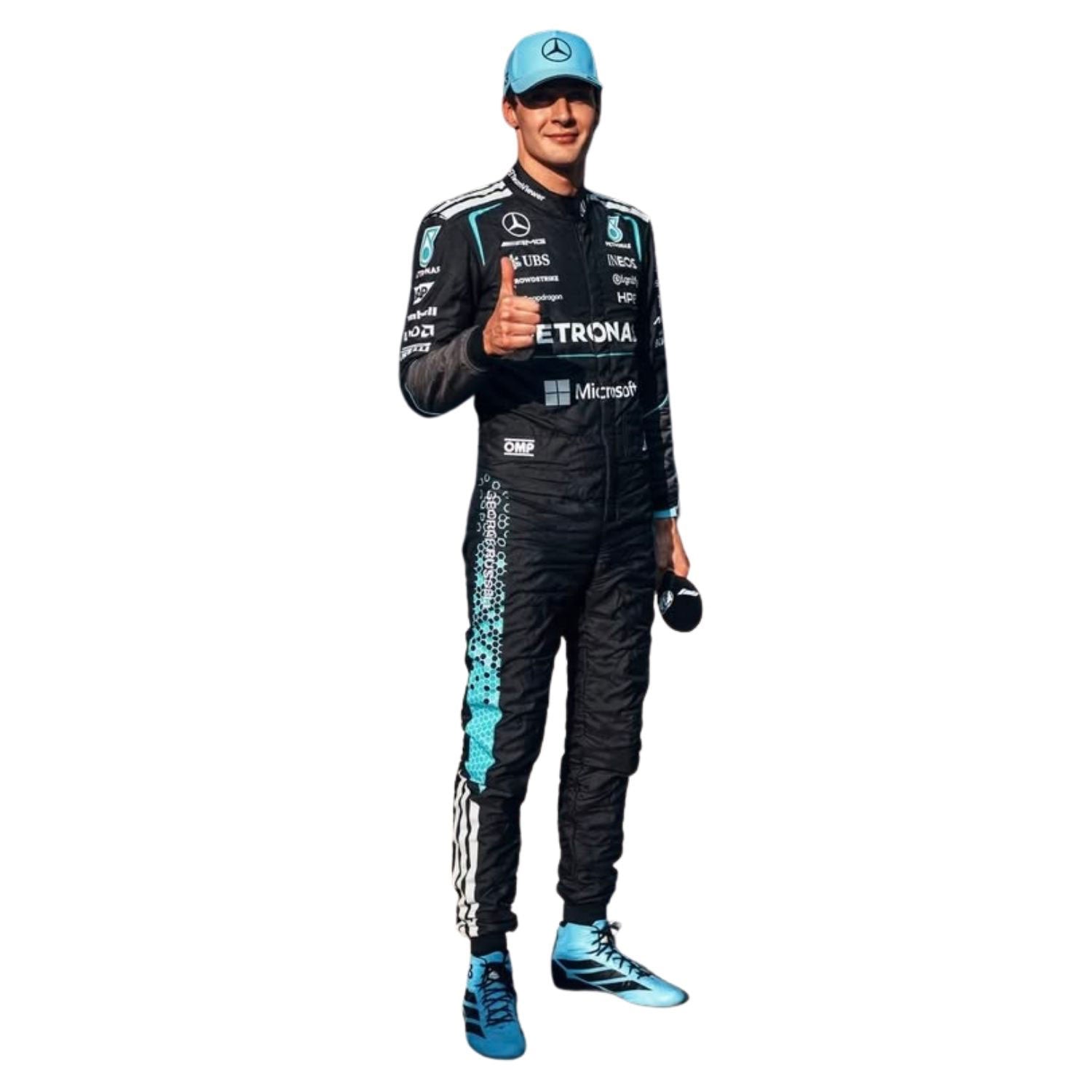 George Russell wearing a 2026 Mercedes F1 racing suit with visible branding - Kartx Gear