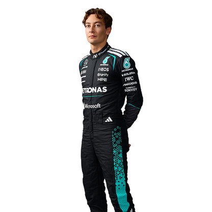 George Russell wearing a black 2026 F1 Mercedes racing suit with various sponsor logos - Kartx Gear