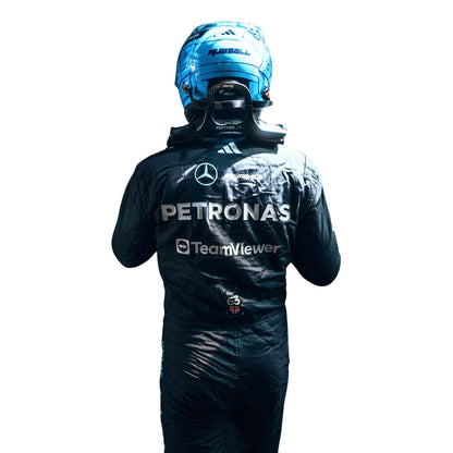 George Russell wearing a Mercedes 2026 F1 racing suit with Mercedes-Benz and Petronas - Kartx Gear