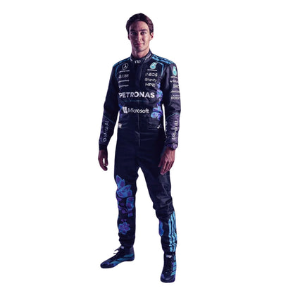 George Russell wearing a purple Mercedes 2026 Singapore GP F1 racing suit with various sponsor logos - Kartx Gear