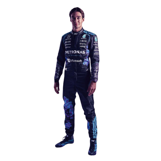 George Russell wearing a purple Mercedes 2026 Singapore GP F1 racing suit with various sponsor logos - Kartx Gear