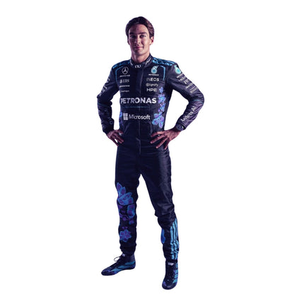 George Russell wearing a purple Mercedes 2026 Singapore GP F1 racing suit with various sponsor logos - Kartx Gear